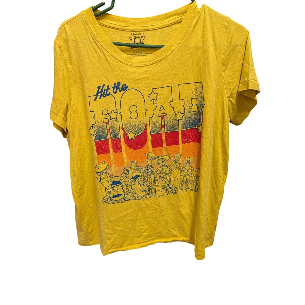 Disney Pixar Toy Story Graphic Tee Women Large Yellow Excellent Hit The Road